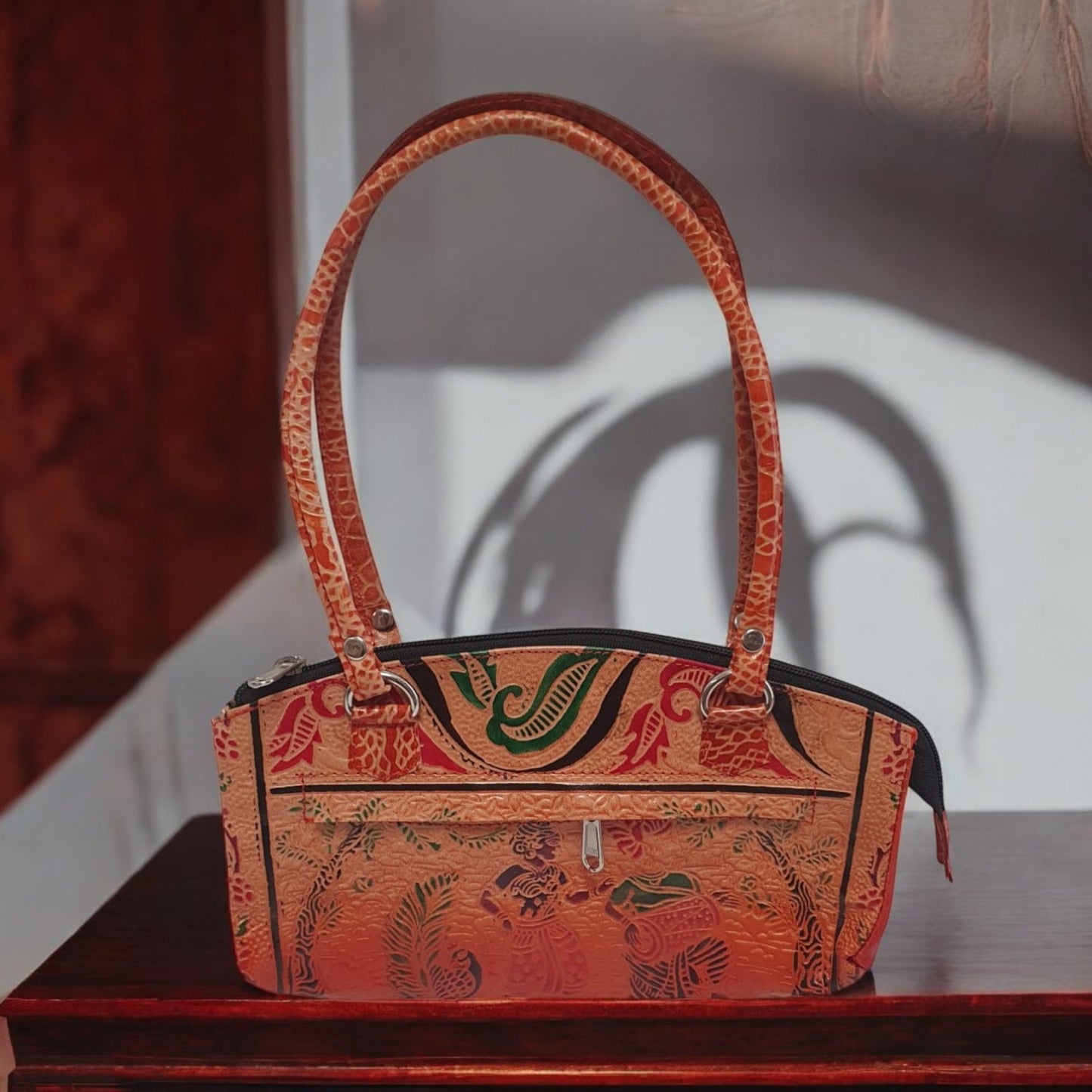 Handcrafted Leather Shoulder Bag – Ethnic Art Design, 25cm x 12cm