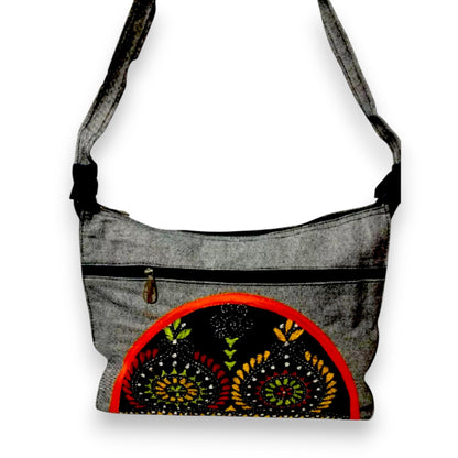 Handmade Boho Crossbody Bag – Ethnic Embroidered Cotton Shoulder Bag with Multiple Zips