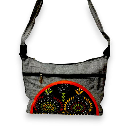 Handmade Embroidered Crossbody Shoulder Bag – Grey & Multi-Colour