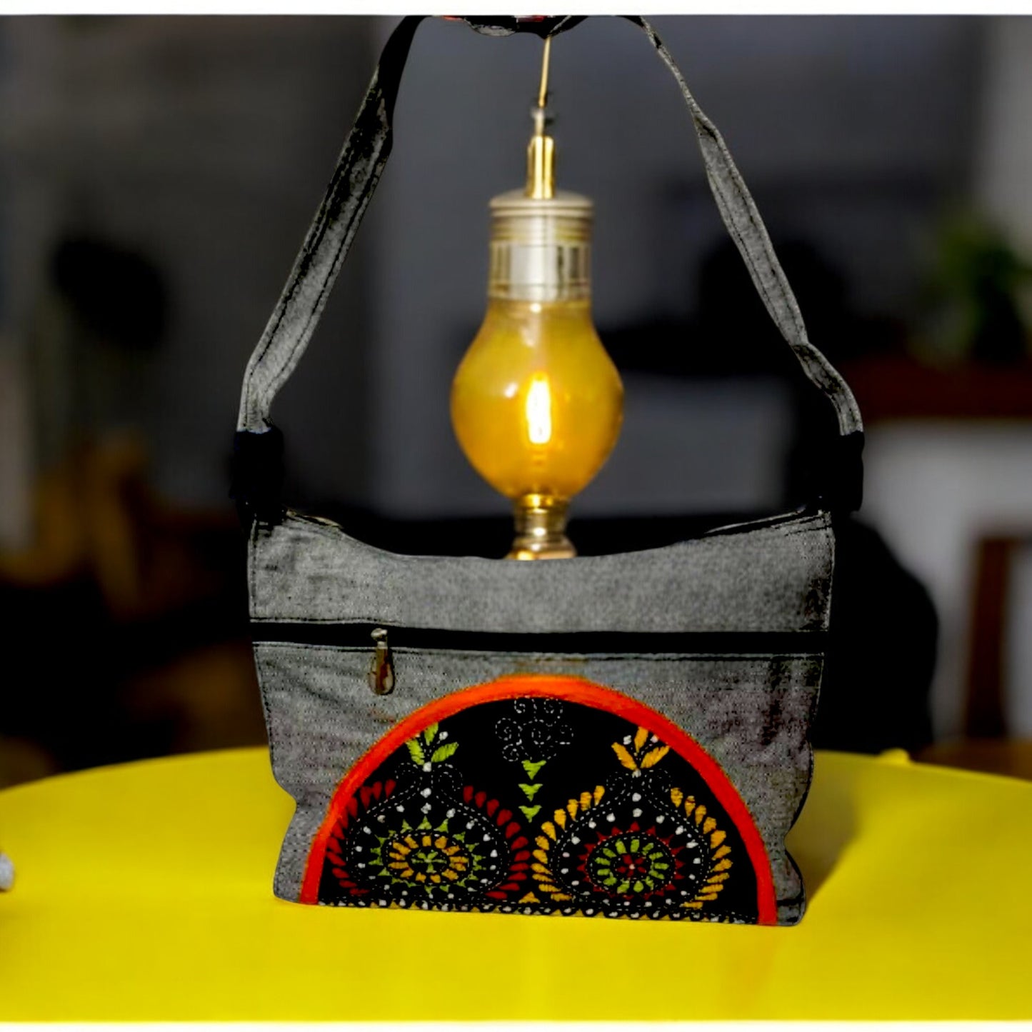 Handmade Boho Crossbody Bag – Ethnic Embroidered Cotton Shoulder Bag with Multiple Zips