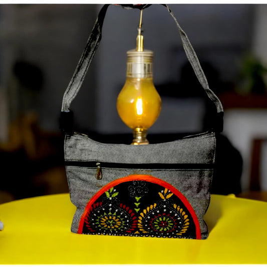 Handmade Boho Crossbody Bag – Ethnic Embroidered Cotton Shoulder Bag with Multiple Zips
