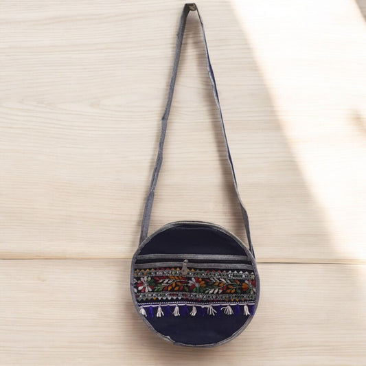 Handmade Round Denim Crossbody Bag | Boho Ethnic Embroidered Sling Bag | Multi-Zip Shoulder Purse