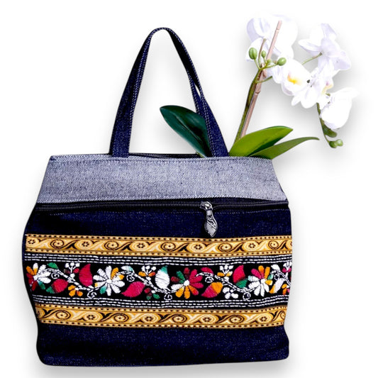 Handmade Denim Embroidered Shoulder Bag – 3 Zips