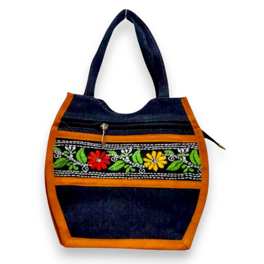 Handcrafted Denim Embroidered Handbag – Compact & Stylish with Multiple Zips