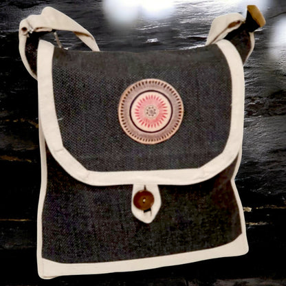 Handmade Black & Beige Canvas Shoulder Bag – Eco-Friendly Crossbody with Adjustable Strap