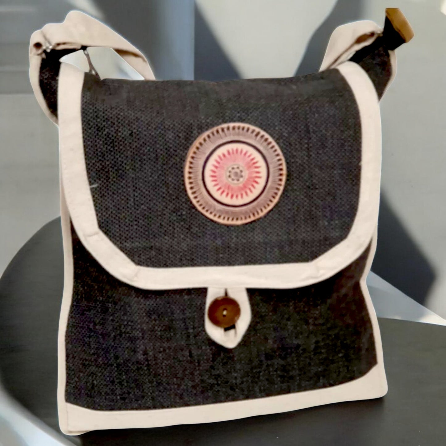 Handmade Black & Beige Canvas Shoulder Bag – Eco-Friendly Crossbody with Adjustable Strap