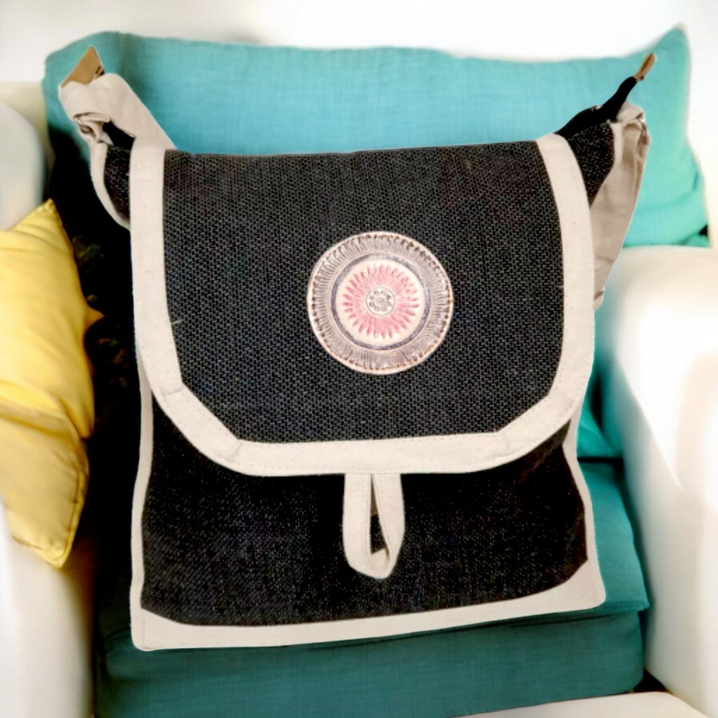 Handmade Black & Beige Canvas Shoulder Bag – Eco-Friendly Crossbody with Adjustable Strap