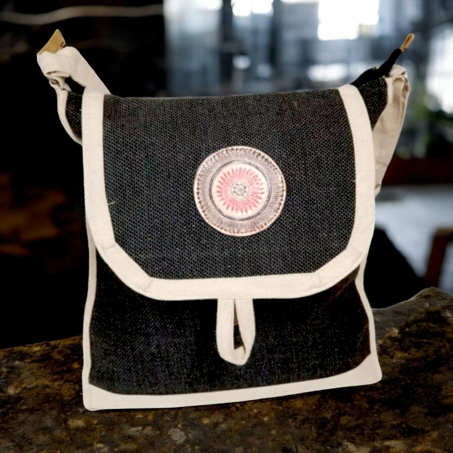 Handmade Black & Beige Canvas Shoulder Bag – Eco-Friendly Crossbody with Adjustable Strap