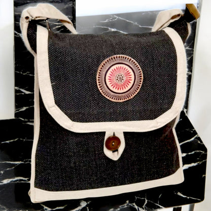 Handmade Black & Beige Canvas Shoulder Bag – Eco-Friendly Crossbody with Adjustable Strap