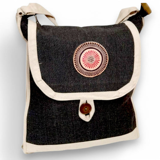 Handmade Black & Beige Canvas Shoulder Bag – Eco-Friendly Crossbody with Adjustable Strap