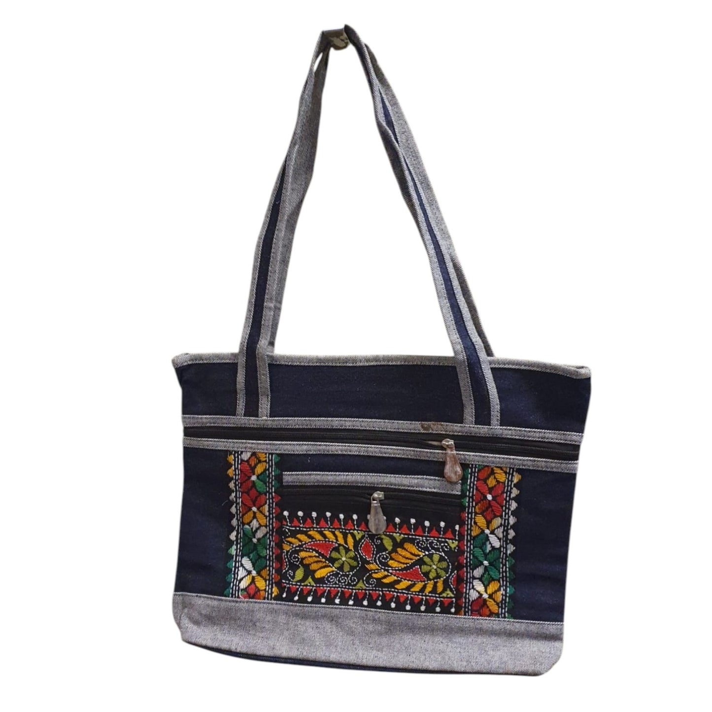 Handmade Denim Embroidered Shoulder Bag | Multi-Zip Crossbody Purse | Boho Style Handbag