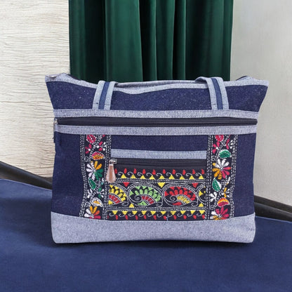 Handmade Denim Embroidered Shoulder Bag | Multi-Zip Crossbody Purse | Boho Style Handbag
