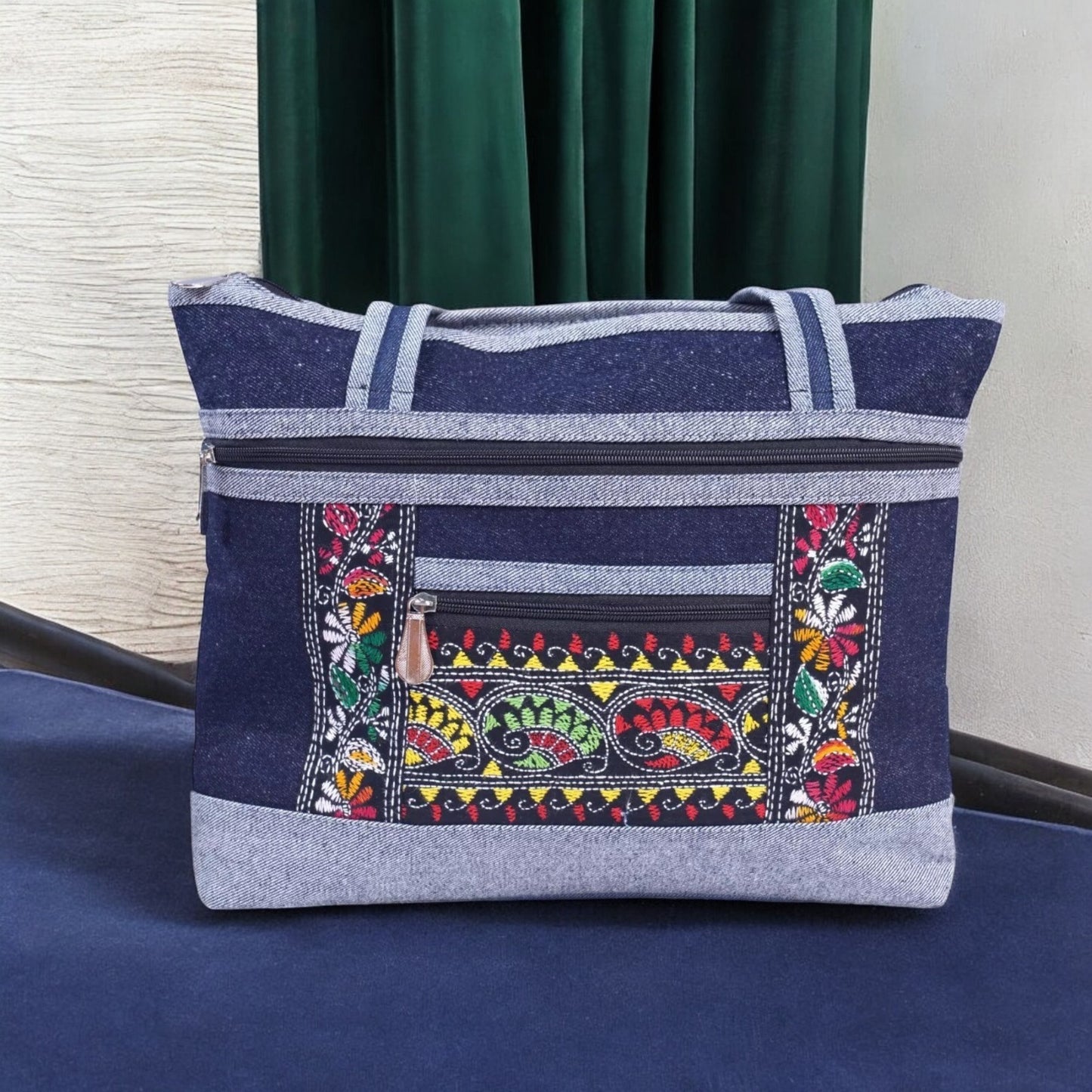 Handmade Denim Embroidered Shoulder Bag | Multi-Zip Crossbody Purse | Boho Style Handbag