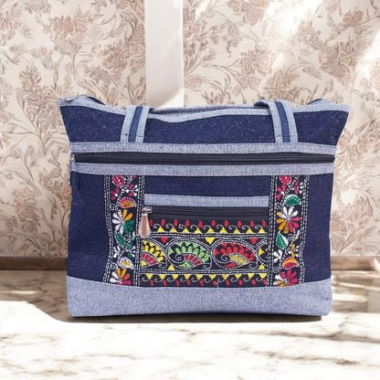 Handmade Denim Embroidered Shoulder Bag | Multi-Zip Crossbody Purse | Boho Style Handbag