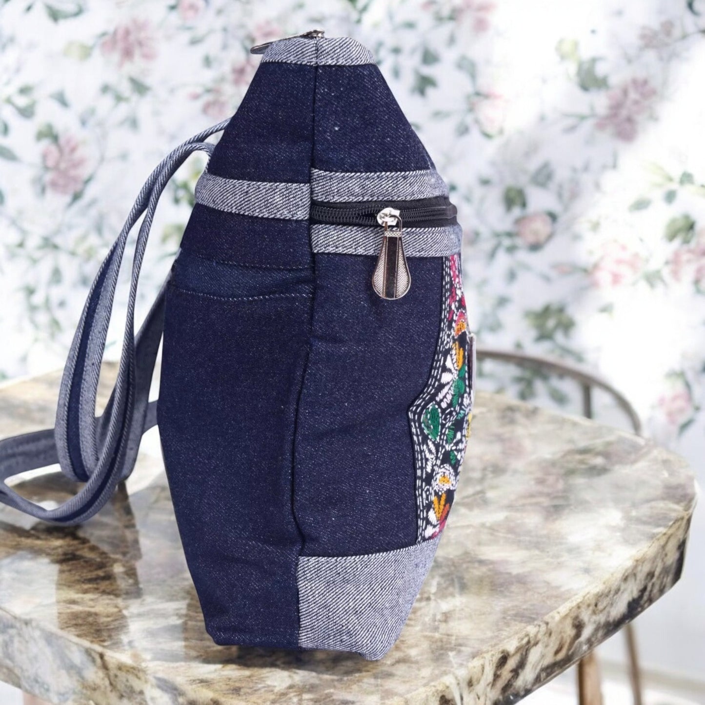 Handmade Denim Embroidered Shoulder Bag | Multi-Zip Crossbody Purse | Boho Style Handbag
