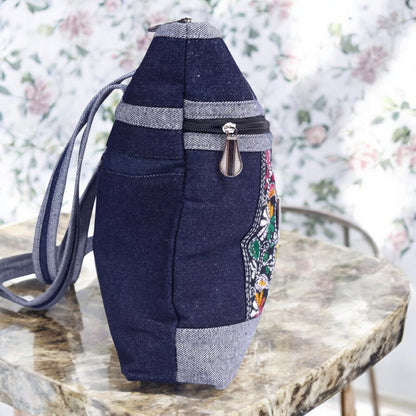 Handmade Denim Embroidered Shoulder Bag | Multi-Zip Crossbody Purse | Boho Style Handbag