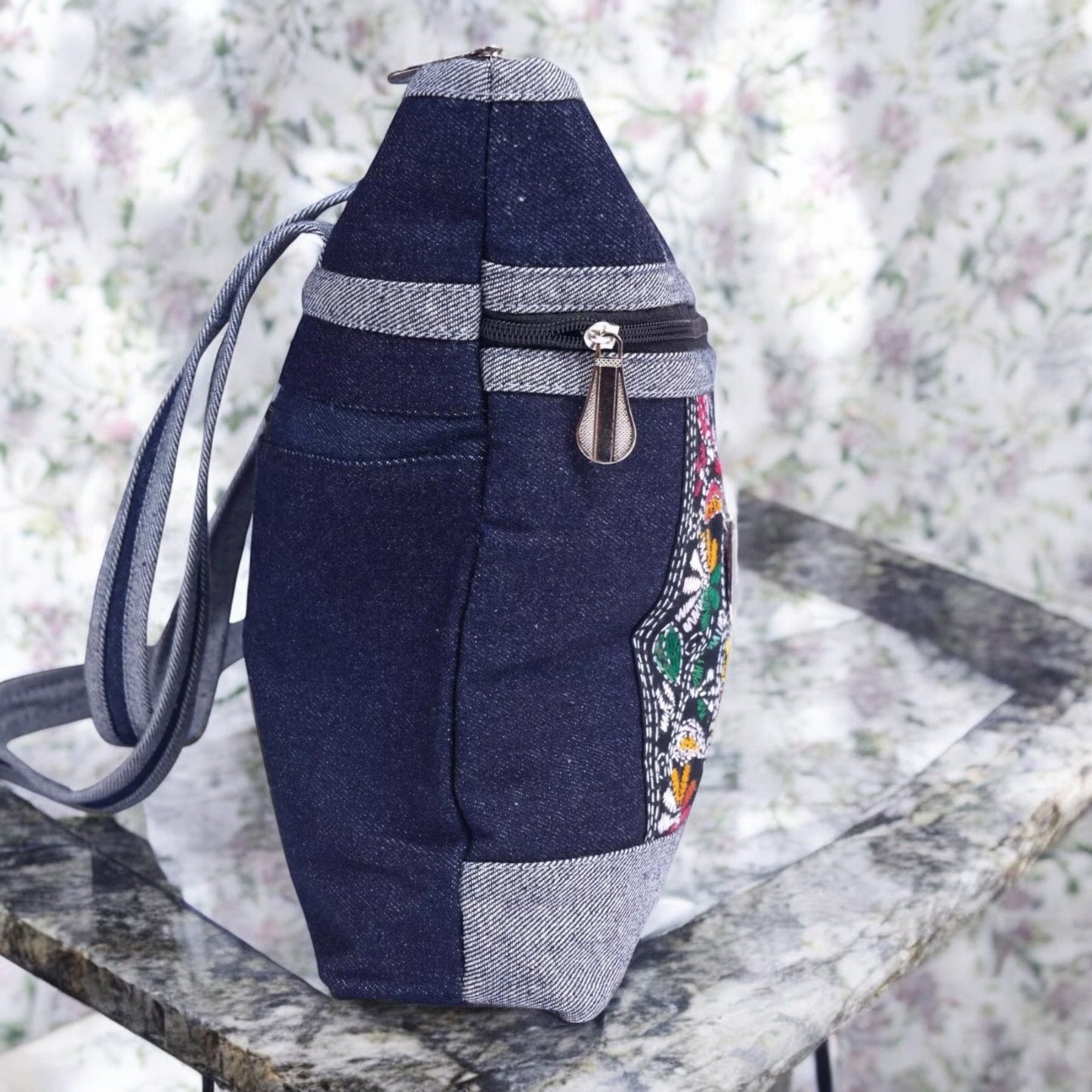 Handmade Denim Embroidered Shoulder Bag | Multi-Zip Crossbody Purse | Boho Style Handbag