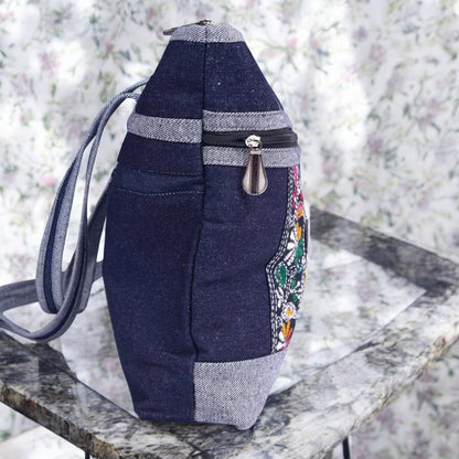Handmade Denim Embroidered Shoulder Bag | Multi-Zip Crossbody Purse | Boho Style Handbag