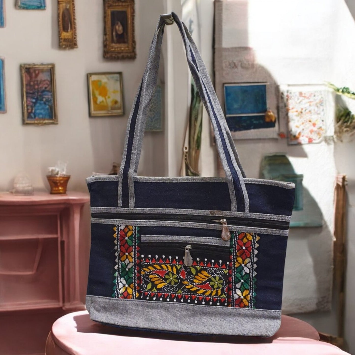 Handmade Denim Embroidered Shoulder Bag | Multi-Zip Crossbody Purse | Boho Style Handbag