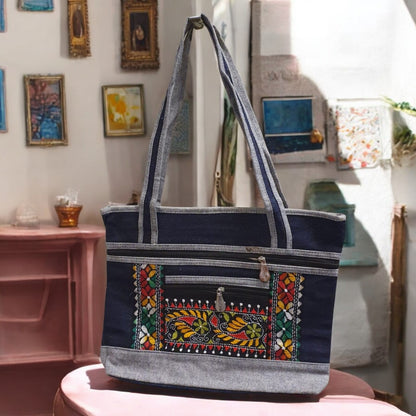 Handmade Denim Embroidered Shoulder Bag | Multi-Zip Crossbody Purse | Boho Style Handbag