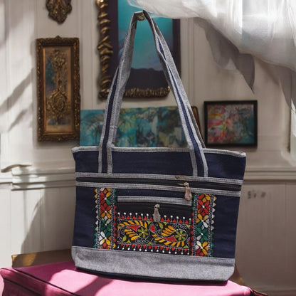 Handmade Denim Embroidered Shoulder Bag | Multi-Zip Crossbody Purse | Boho Style Handbag