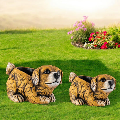 Cement Puppy Dog Planter – Medium, Large or Combo Set – Brown Garden Plant Pot
