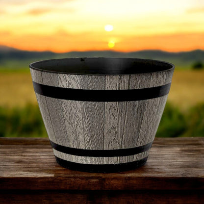 Whiskey Barrel 15" Brown Ash Planter – Rustic Garden Pot with 18.35L Capacity