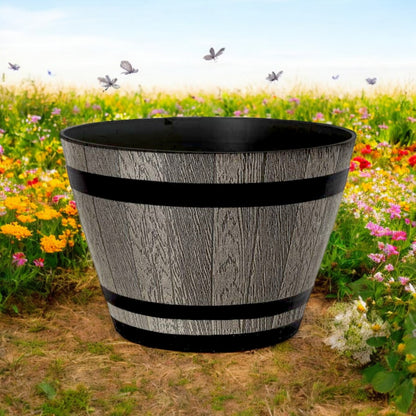 Whiskey Barrel 15" Brown Ash Planter – Rustic Garden Pot with 18.35L Capacity