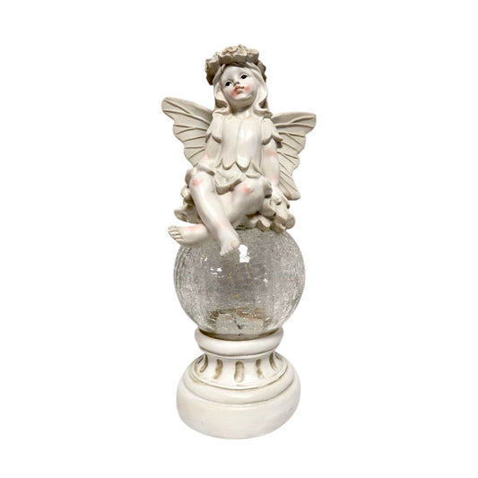 Solar Fairy Garden Statue with Crackle Glass Light – 38cm Resin Ornament