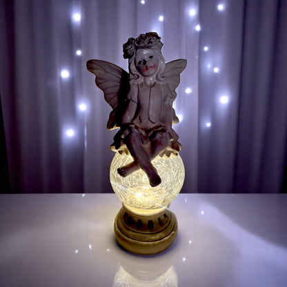 Solar Fairy Garden Statue with Crackle Glass Light – 38cm Resin Ornament