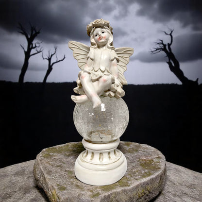 Solar Fairy Garden Statue with Crackle Glass Light – 38cm Resin Ornament