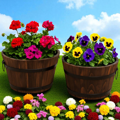 Pack of 2 Rustic Barrel-Style Planters – 24cm Round Brown Wooden-Look Garden Plant Pots