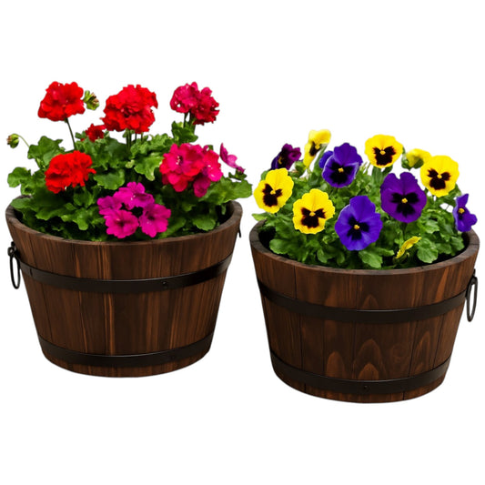 Pack of 2 Rustic Barrel-Style Planters – 24cm Round Brown Wooden-Look Garden Plant Pots