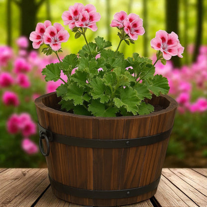 Pack of 2 Rustic Barrel-Style Planters – 24cm Round Brown Wooden-Look Garden Plant Pots