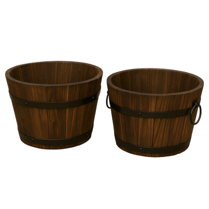 Pack of 2 Rustic Barrel-Style Planters – 24cm Round Brown Wooden-Look Garden Plant Pots