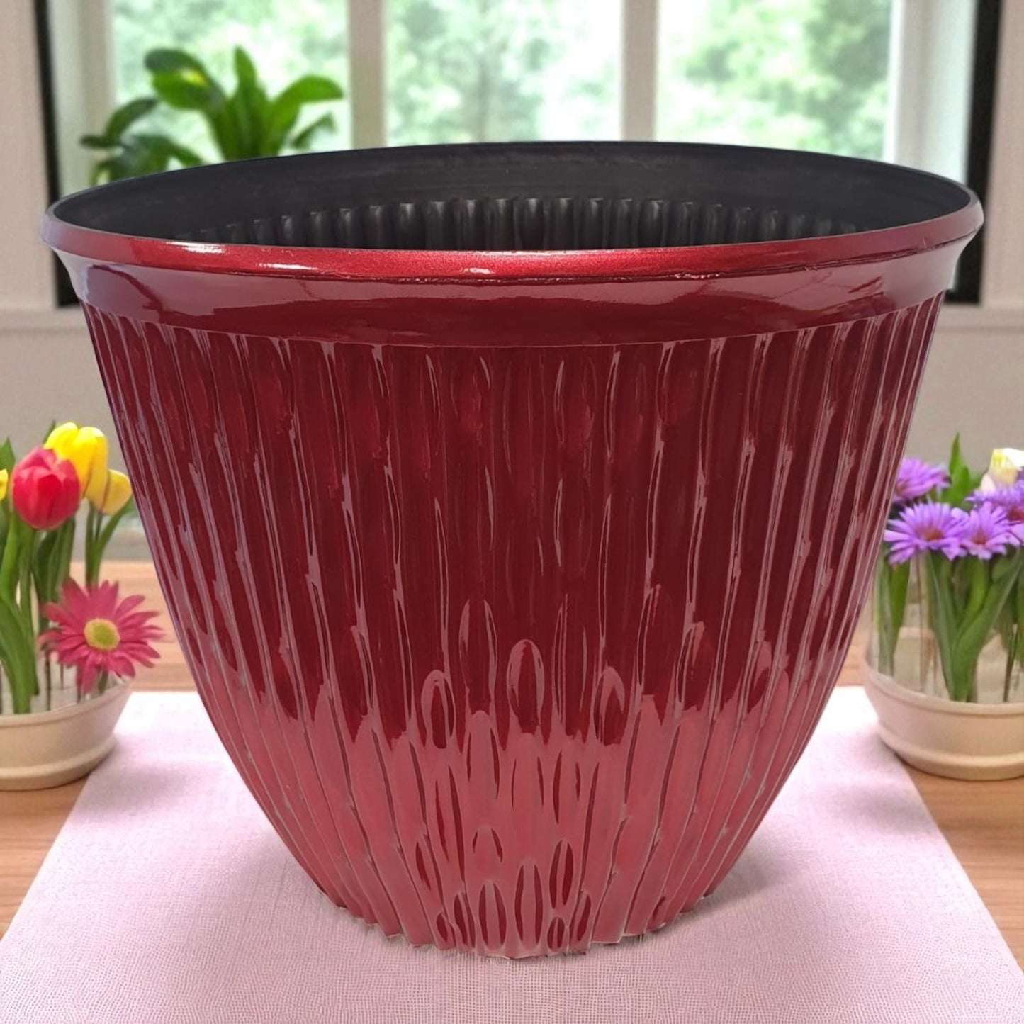 Beeline Bowl 12" High Gloss Red Planter – Modern Round Pot with Drainage Hole