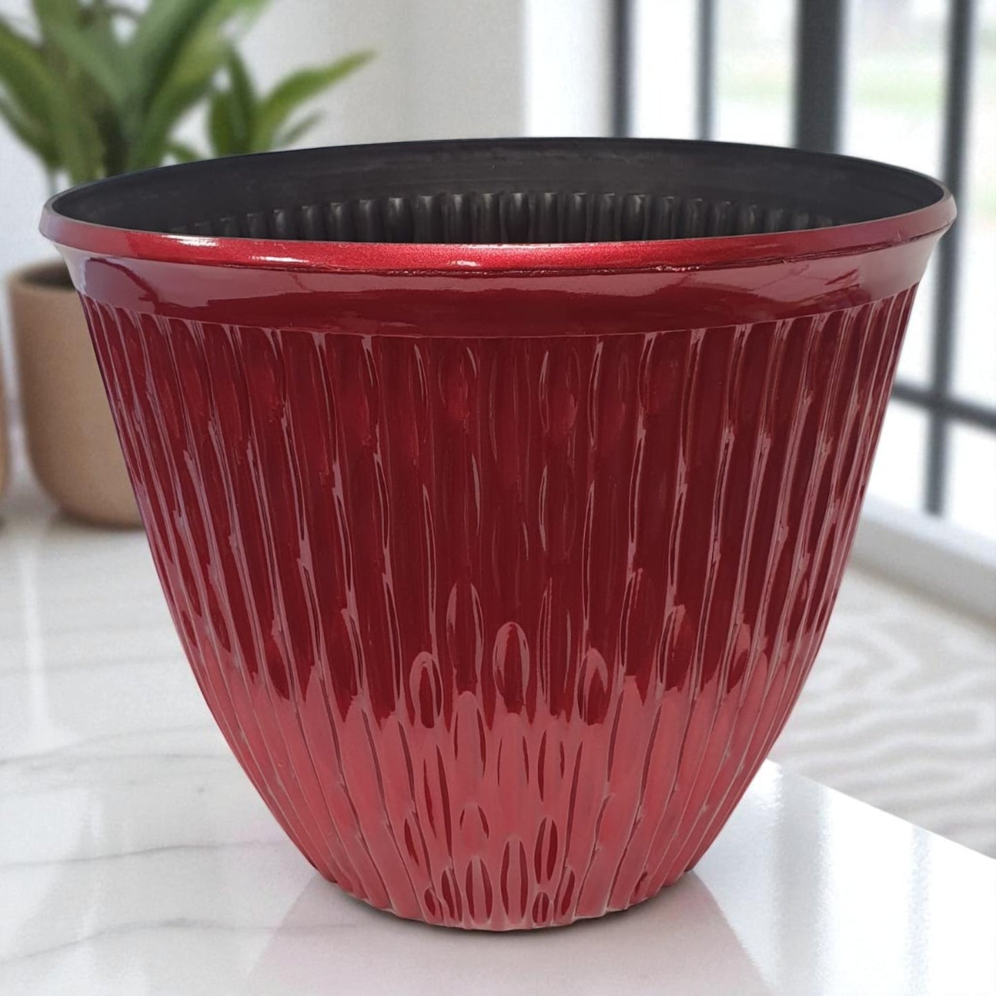 Beeline Bowl 12" High Gloss Red Planter – Modern Round Pot with Drainage Hole