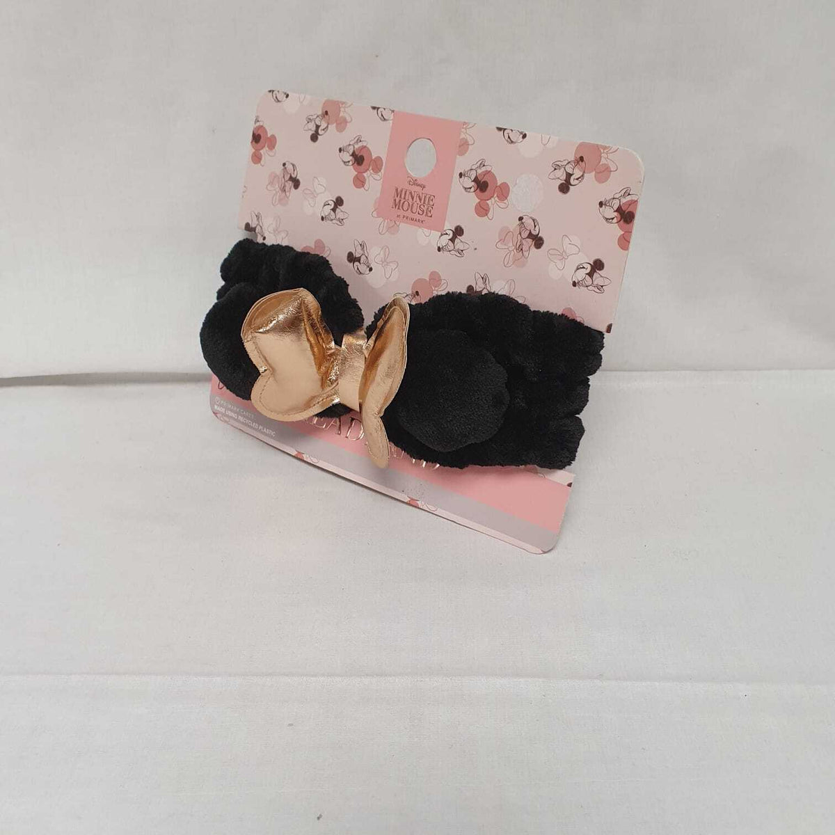Black Plush Hair Headband with Metallic Gold Bow & Round Ear Details