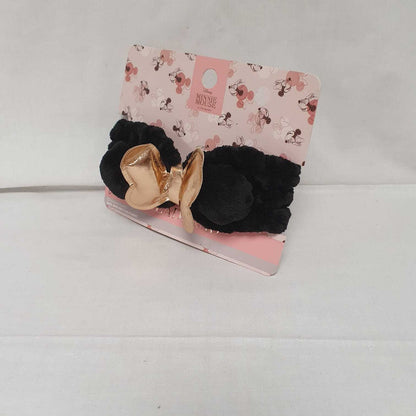 Black Plush Hair Headband with Metallic Gold Bow & Round Ear Details