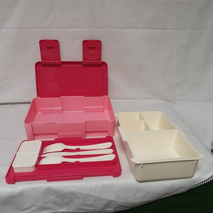 Compartment Lunch Box with Cutlery & Two-Section Sauce Container – Grey, Pink, Beige, Green or Blue