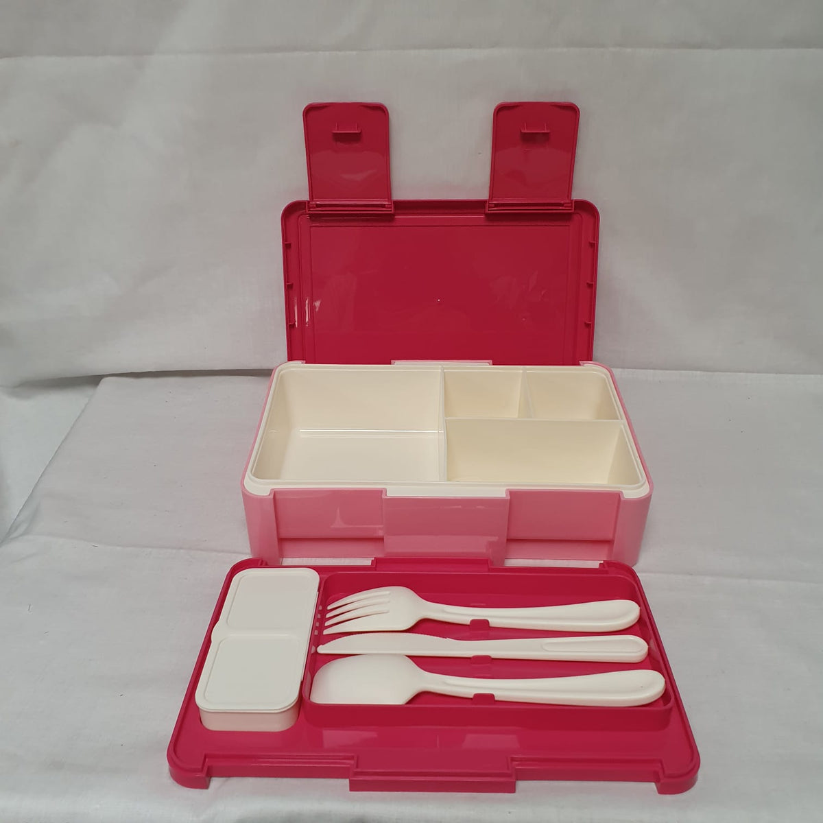 Compartment Lunch Box with Cutlery & Two-Section Sauce Container – Grey, Pink, Beige, Green or Blue