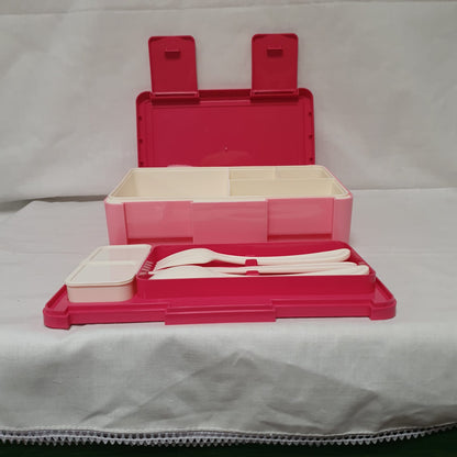 Compartment Lunch Box with Cutlery & Two-Section Sauce Container – Grey, Pink, Beige, Green or Blue
