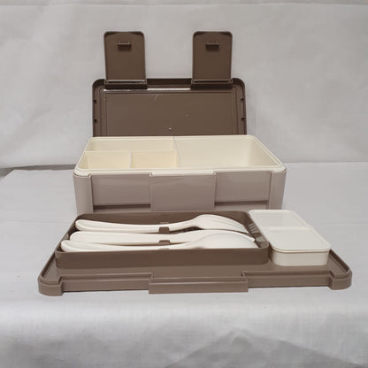 Compartment Lunch Box with Cutlery & Two-Section Sauce Container – Grey, Pink, Beige, Green or Blue