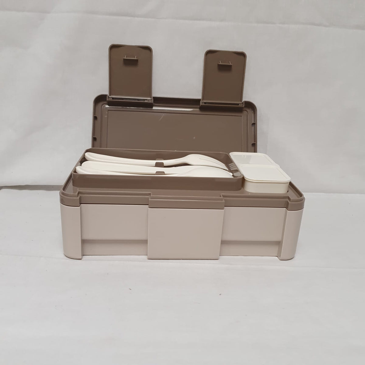 Compartment Lunch Box with Cutlery & Two-Section Sauce Container – Grey, Pink, Beige, Green or Blue