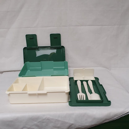 Compartment Lunch Box with Cutlery & Two-Section Sauce Container – Grey, Pink, Beige, Green or Blue