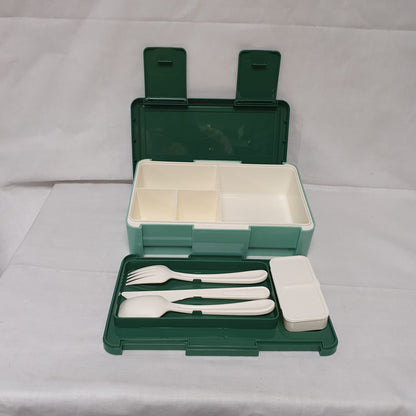 Compartment Lunch Box with Cutlery & Two-Section Sauce Container – Grey, Pink, Beige, Green or Blue