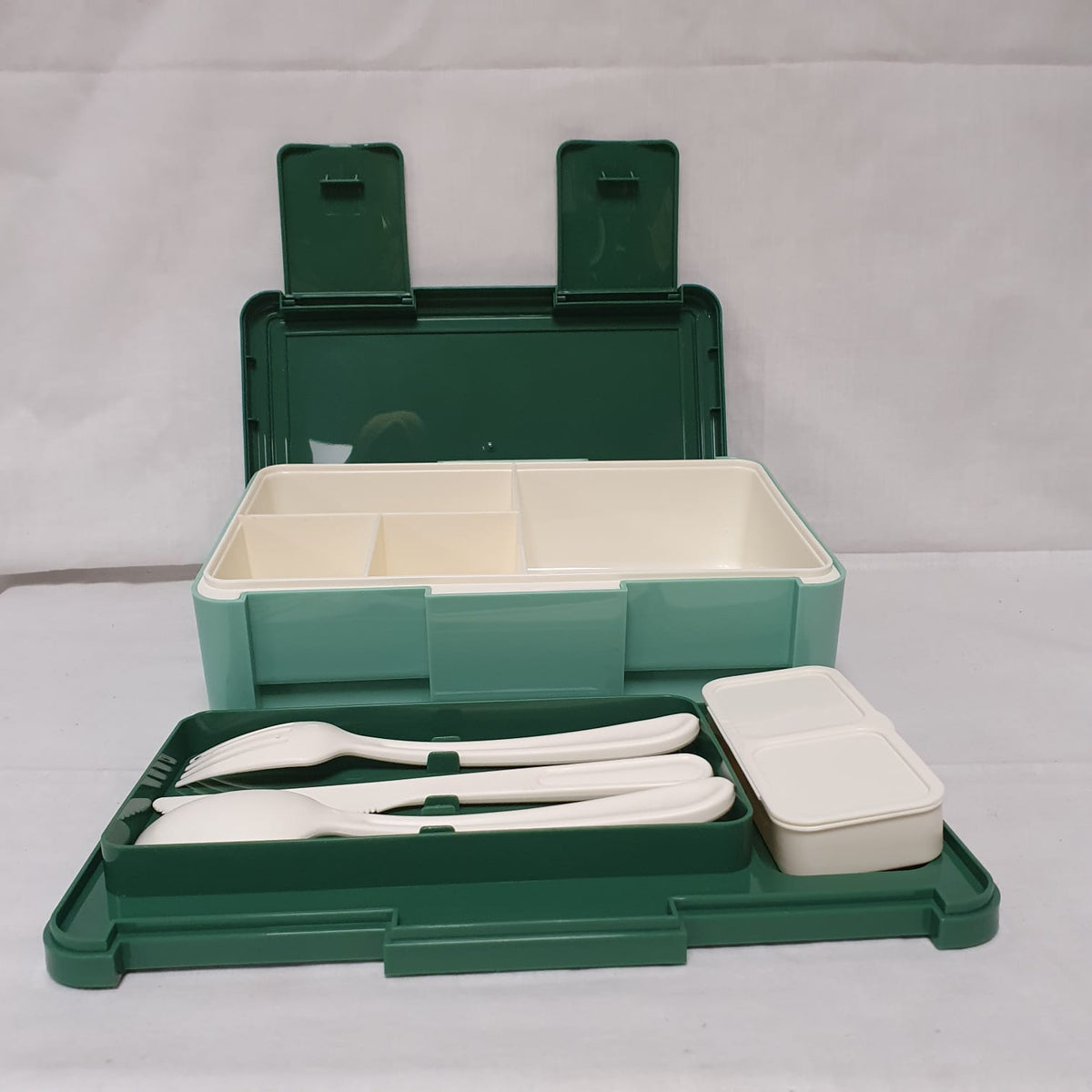 Compartment Lunch Box with Cutlery & Two-Section Sauce Container – Grey, Pink, Beige, Green or Blue