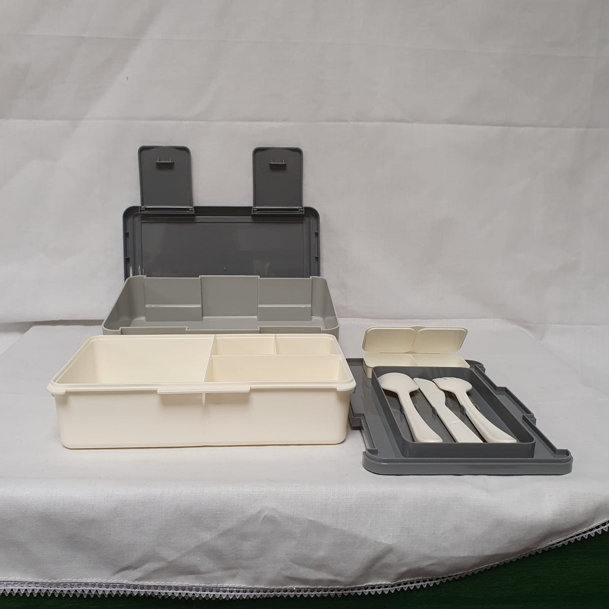 Compartment Lunch Box with Cutlery & Two-Section Sauce Container – Grey, Pink, Beige, Green or Blue