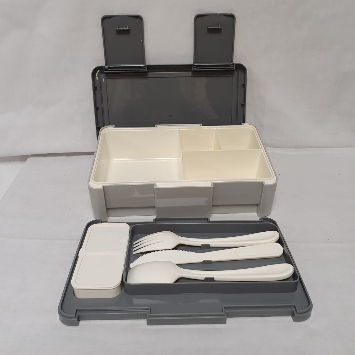 Compartment Lunch Box with Cutlery & Two-Section Sauce Container – Grey, Pink, Beige, Green or Blue