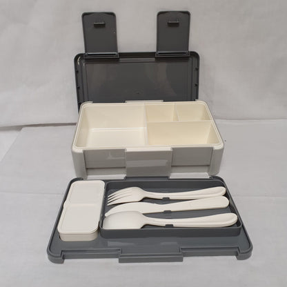 Compartment Lunch Box with Cutlery & Two-Section Sauce Container – Grey, Pink, Beige, Green or Blue